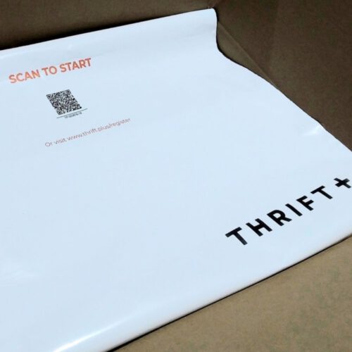 Polythene Mailing Bag featuring a QR code for company Thrift+