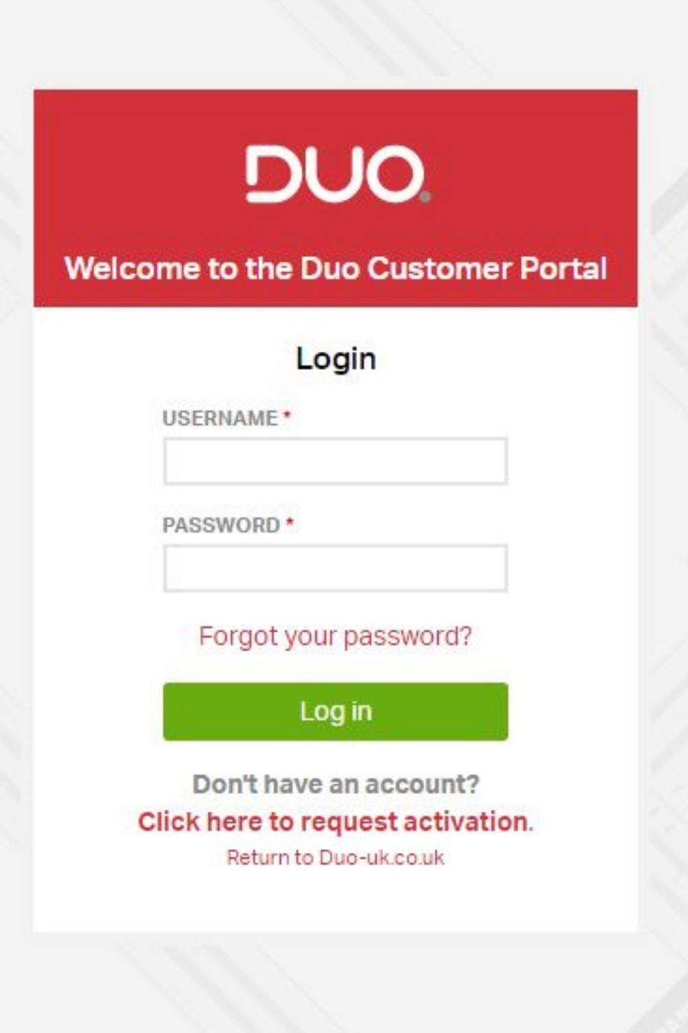 Duo ePortal log in page