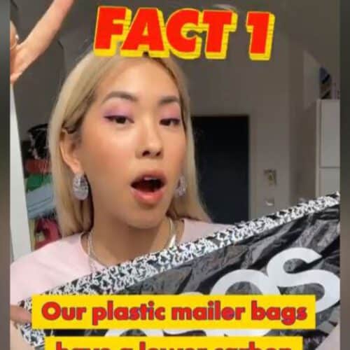 ASOS woman describing their plastic mailing bags have a lower carbon footprint than paper bags