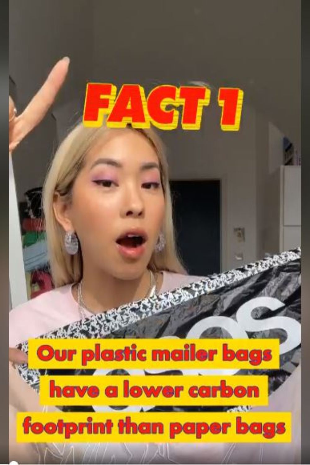 ASOS woman describing their plastic mailing bags have a lower carbon footprint than paper bags